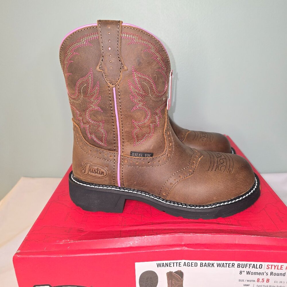 Justin Wanette Wrk Bts 8" Steel Toe, Aged Bark Water Buff, Women's Size 8.5B NIB